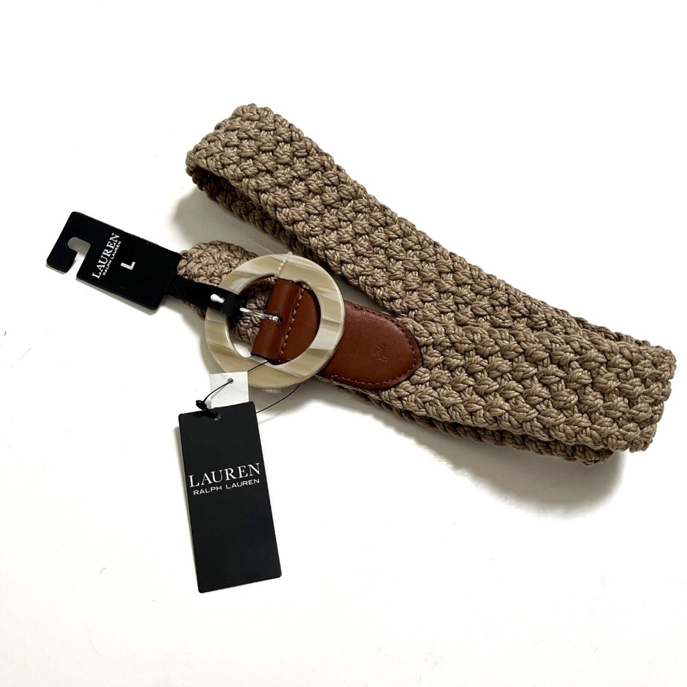 NWT $100 Original RALPH LAUREN Woven Corded O-Ring Wide Belt Size L Khaki Beige - Picture 2 of 5